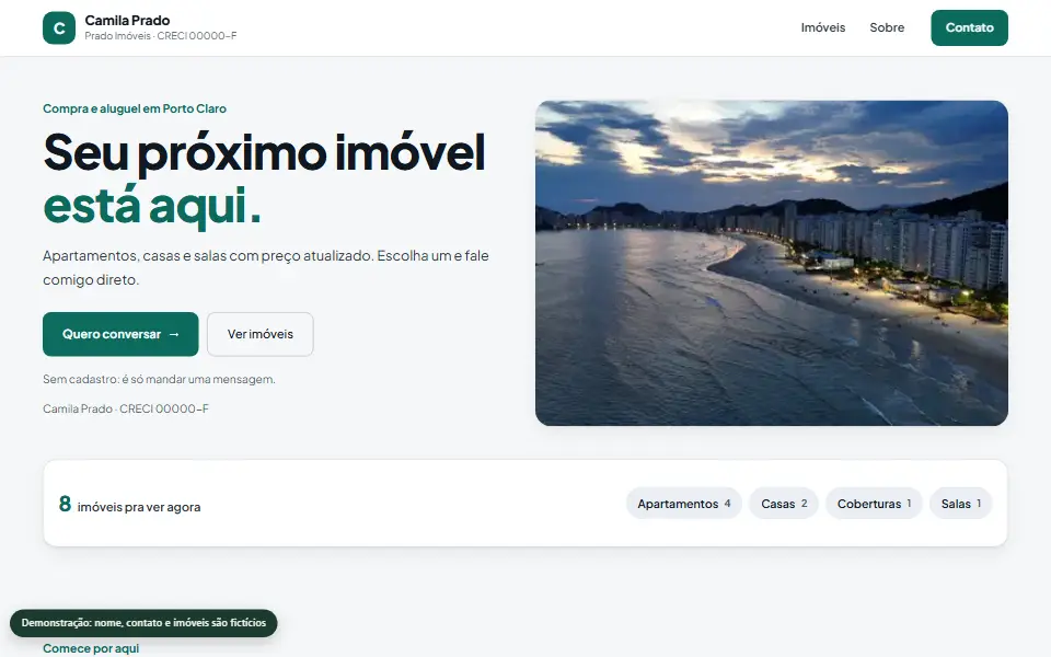 Página de exemplo no modelo Vitrine imobiliária, no computador